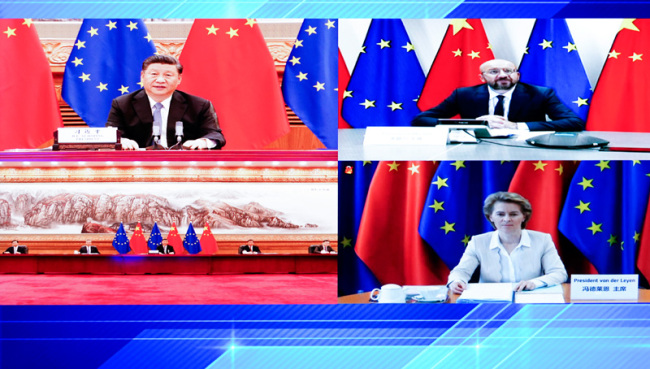 Chinese President Xi Jinping meets with President of the European Council Charles Michel and President of the European Commission Ursula von der Leyen via video link in Beijing, June 22, 2020